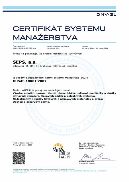 Certifik&aacute;t OHSAS 18001